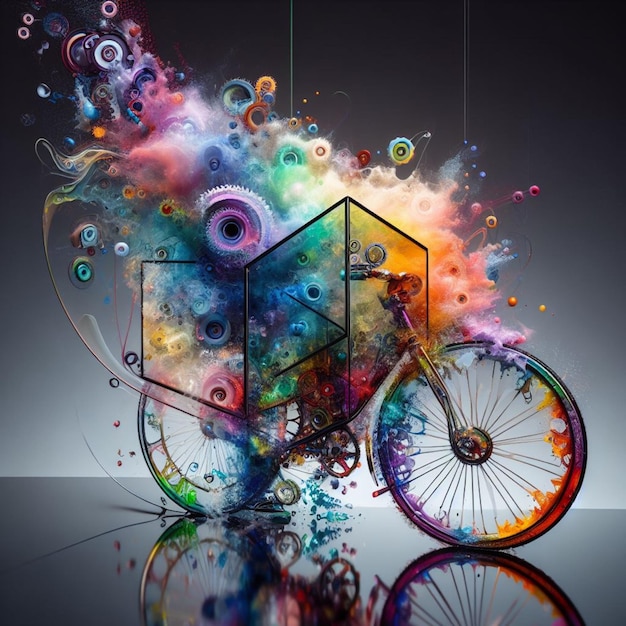 Photo une explosion de couleurs de peinture rend une sculpture abstraite de création de cycle poly et engrenages steampunk