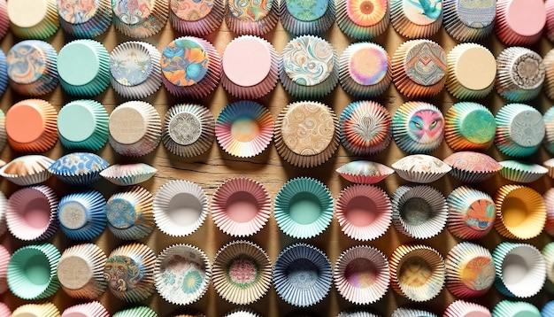 Une explosion de couleurs avec des tasses en papier de cupcake sur les étagères de la cuisine