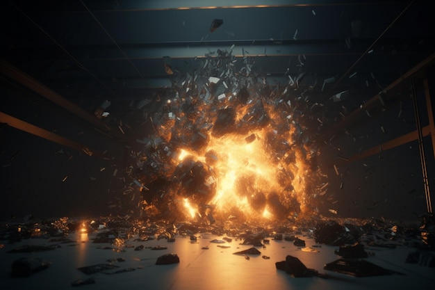 Une explosion dans une pièce sombre avec une explosion en arrière-plan