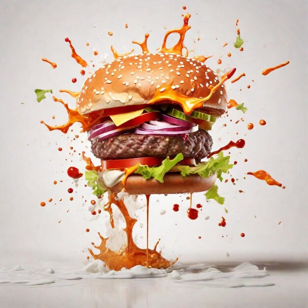 Explosion délicieux éclaboussure frais délicieux hamburger avec fond blanc