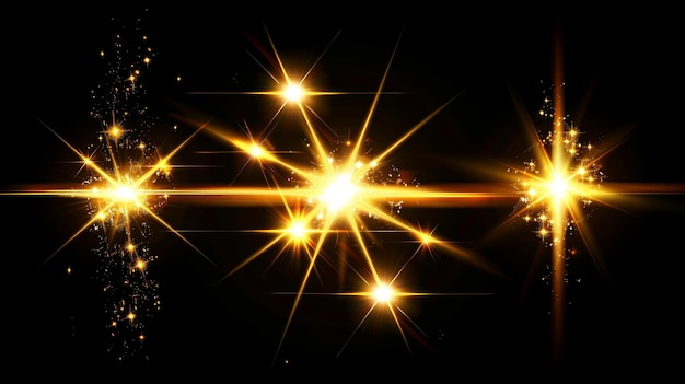 Photo l'explosion dorée, la lueur des rayons du soleil, l'effet moderne, l'éclatement d'étoiles, la flamme avec des étincelles et des scintillements, une explosion d'énergie lumineuse abstraite sur fond noir, un design réaliste de lumière d'é toile avec un halo en néon doré.