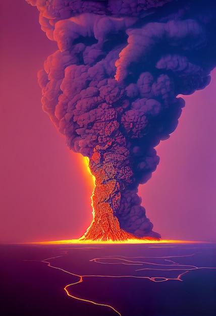 Explosion ou éruption volcanique bouffées de vapeur et de coulées de lave illustration numérique