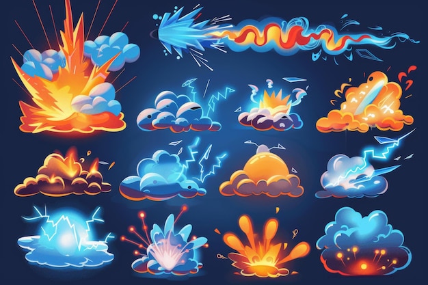 Explosion de feu bleu et orange avec fumée montante arme magicienne tirée avec des nuages trace de smog et de brume coup de foudre sortilège magicien élémentaire dessin animé moderne