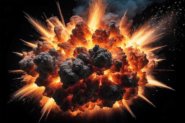 Explosion de feu extrêmement chaude avec des étincelles et de la fumée sur un fond noir