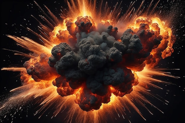 Explosion de feu extrêmement chaude avec des étincelles et de la fumée sur un fond noir