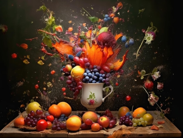 Une explosion de fruits dans l'air éclabousse de fruits sur un verre AI générative