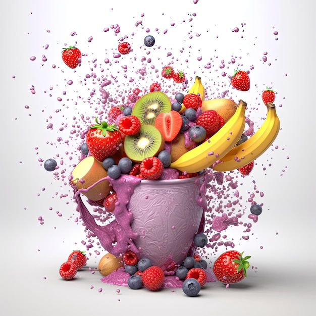 explosion de fruits sur fond blanc