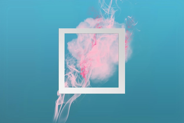 Explosion de fumée de peinture de couleur rose tendre avec cadre carré sur fond dégradé classique bleu à cyan Composition de conception minimale créative avec espace de copie