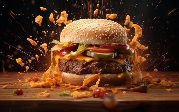 Explosion d'un hamburger ou d'un cheeseburger sur une table en bois Photographie culinaire