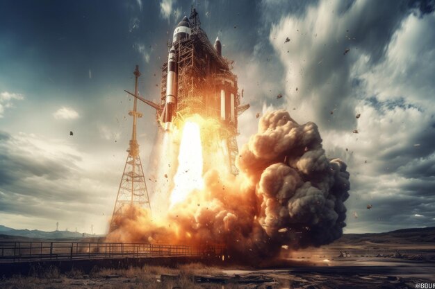 Photo explosion de lancement de fusée de fond d'écran spatial avec explosion de feu illustration ai generativexa
