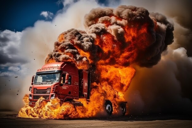 Une explosion massive d'un camion de carburant avec un feu intense et un nuage de fumée.