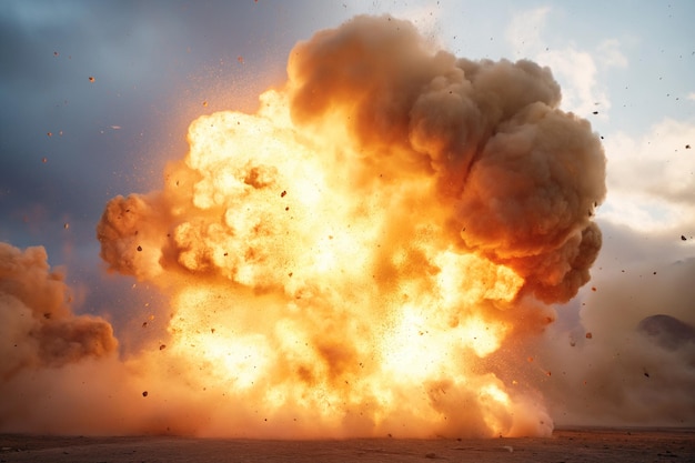 Une explosion massive avec des nuages de feu et des débris