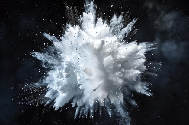 Explosion de nuage de neige à poudre blanche sur un fond sombre