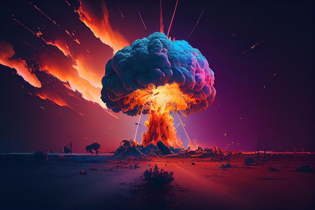 Explosion nucléaire futuriste couleurs néon de guerre future fond sombre créé avec la technologie générative ai