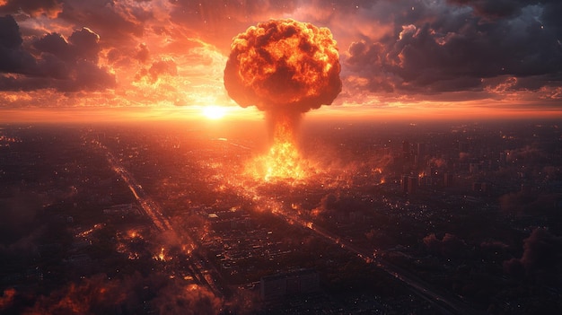 Une explosion nucléaire spectaculaire s'élève au-dessus d'un paysage urbain au coucher du soleil, évoquant un sentiment de destruction.