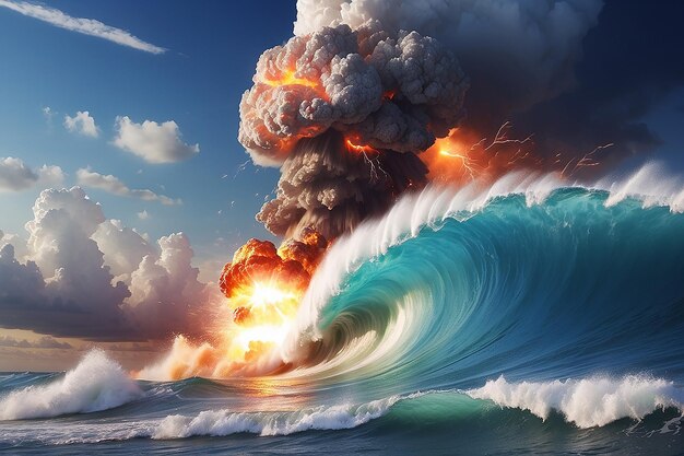 Une explosion nucléaire et une vague dans le ciel