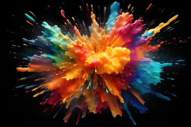 Explosion de peinture colorée sur un fond noir Closeup Explosion colorée abstraite sur un fonds noir générée par l'IA