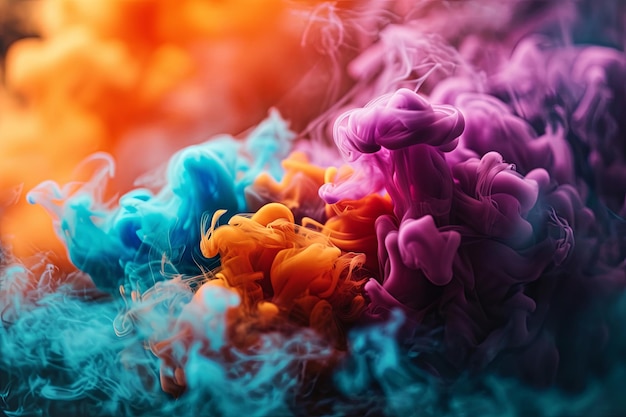 Une explosion de peinture de fumée au néon coloré d'arc-en-ciel Des éclaboussures de peintures colorées et de poudre d'aquarelle sur un fond sombre
