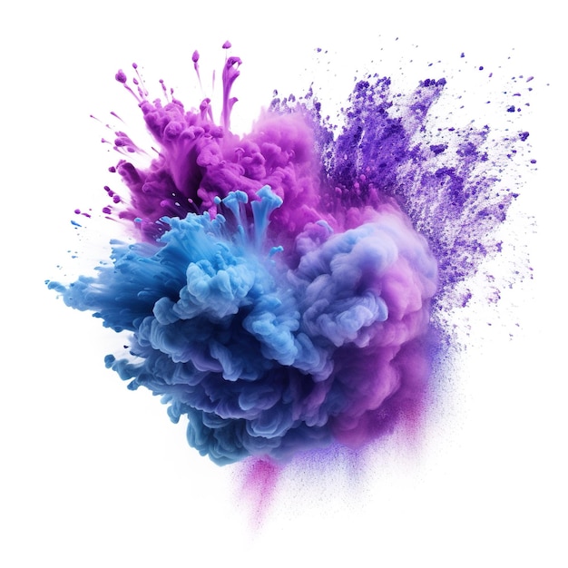 Une explosion de peinture violette et bleue avec des éclaboussures de peinture violette et bleue autour.