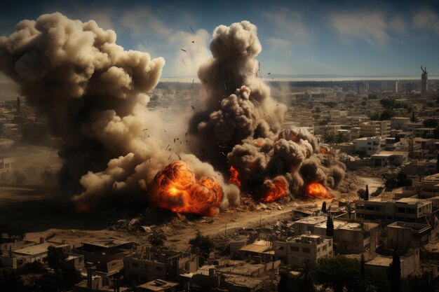 Explosion pendant la guerre et paysage urbain en ruine Conflit entre Israël et la Palestine, la Russie et l'Ukraine
