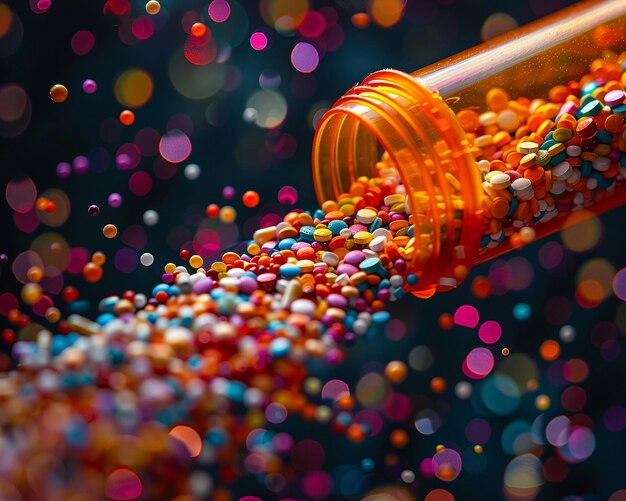 L'explosion de pilules colorées dans une bouteille d'ordonnance