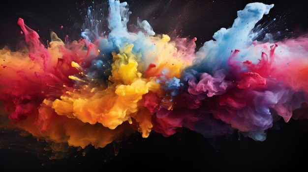 Explosion de poudre colorée sur fond noir Particules de poussière de couleur pastel abstraite éclaboussées