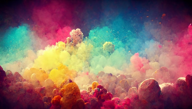 Une explosion de poudre colorée avec le mot holi dessus