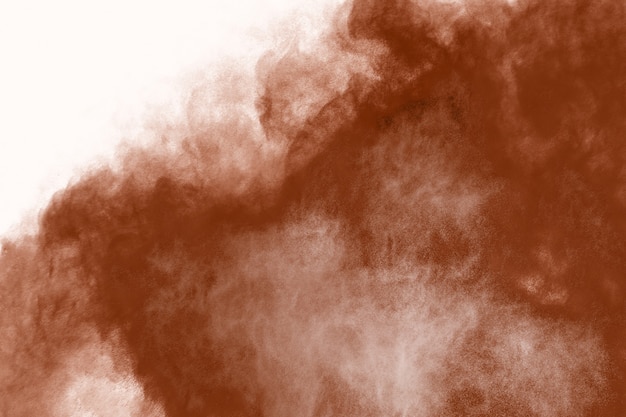Explosion de poudre de couleur brune sur fond blanc.