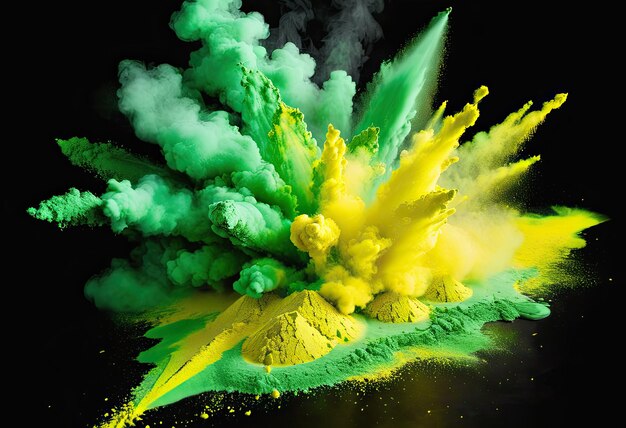 Une explosion de poudre Holi verte et jaune sur un fond noir