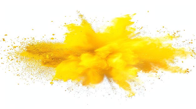 Photo explosion de poudre jaune abstraite sur fond blanc mouvement gelé d'éclaboussure de poussière jaune pigment de couleur vibrant se dispersant dans l'air