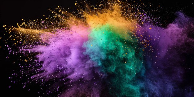 Photo explosion de poudre multicolore sur un fond noir ia générative