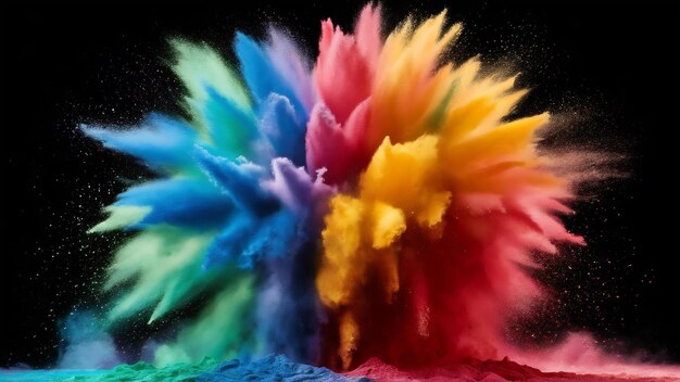 Une explosion de poudre multicolore sur fond noir a lancé des particules de poussière colorées.