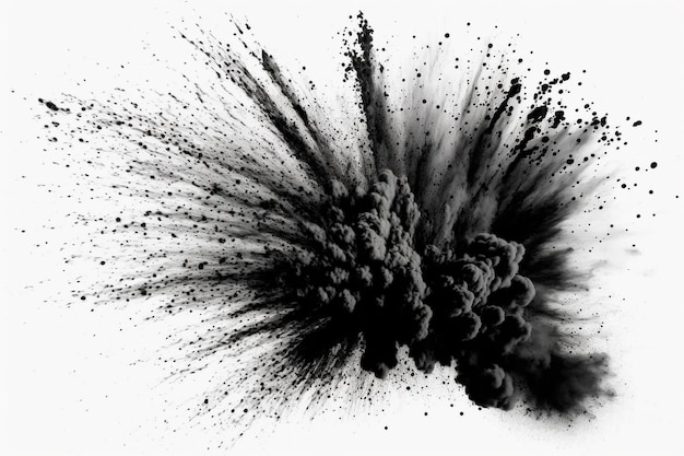 Photo explosion de poudre noire explosion de poussière noire en gros plan isolée sur fond blanc ai générative
