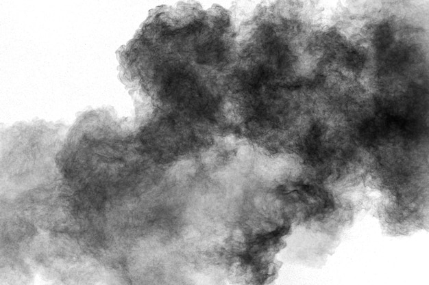 Explosion de poudre noire sur fond blanc Nuage de particules de poussière de charbon de bois
