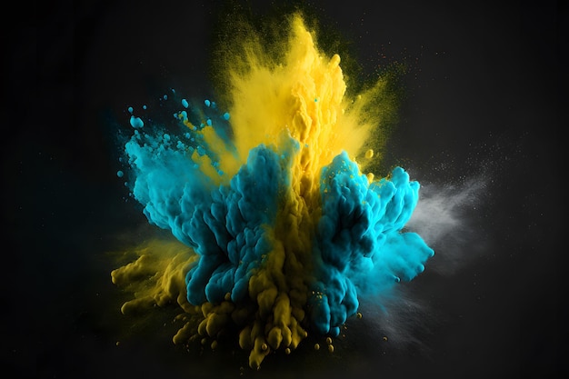 Explosion de poudre de peinture de couleur jaune et bleue sur fond noir Art généré par le réseau de neurones