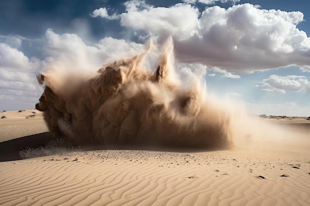 Photo explosion de sable dans le désert avec des nuages de sable et de poussière s'élevant dans l'air