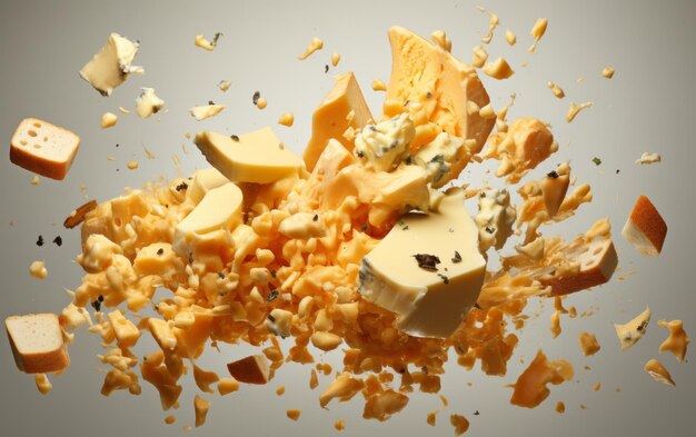 Une explosion spectaculaire de fromages assortis sur fond monochrome