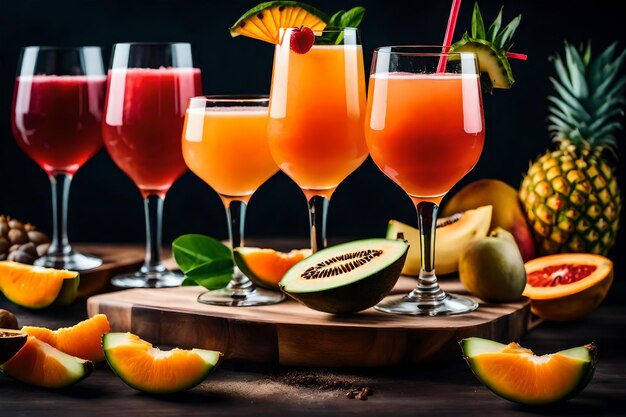 Une explosion vibrante de fruits tropicaux sortant d'une bouteille de verre leurs teintes juteuses se mélangent