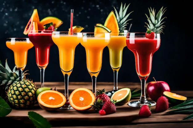 Photo une explosion vibrante de fruits tropicaux sortant d'une bouteille de verre leurs teintes juteuses se mélangent