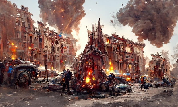 Explosions de bombes de guerre dans les rues de la ville, des roquettes et des obus détruisent des maisons Incendie et destruction de bâtiments Combats de guerre dans des zones résidentielles illustration 3d