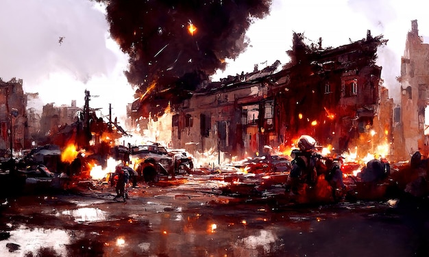 Explosions de bombes de guerre dans les rues de la ville, des roquettes et des obus détruisent des maisons Incendie et destruction de bâtiments Combats de guerre dans des zones résidentielles illustration 3d