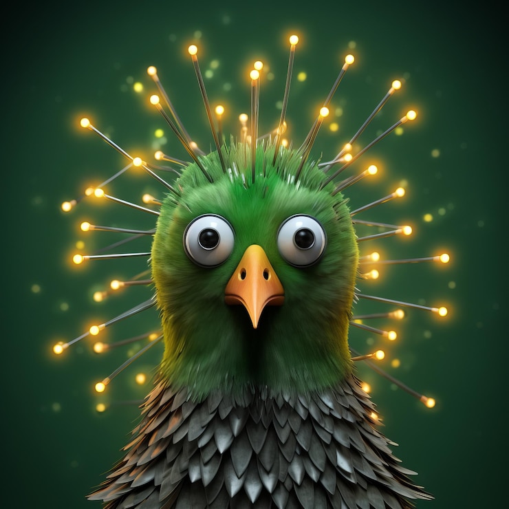 Photo des explosions d'énergie vives une image humoristique d'un oiseau avec des lumières sur sa tête