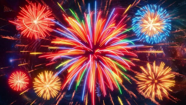 Photo des explosions multicolores abstraites de feux d'artifice au néon numérique