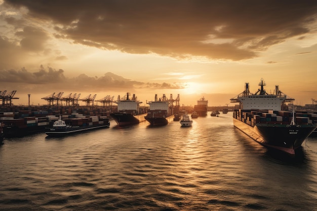 Exportation de la scène du port occupé au coucher du soleil IA générative