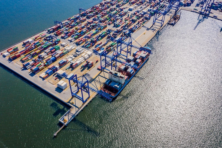 Photo exports et importations de navires à conteneurs et logistique expédition de marchandises au port par grue aérienne