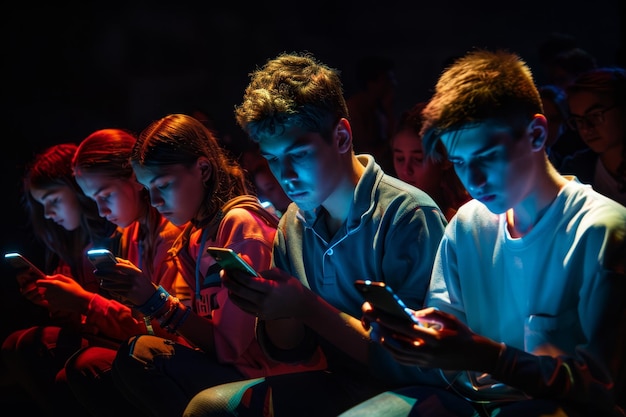 Photo une exposition d'adolescents profondément absorbés par leurs smartphones représentant la dépendance répandue et