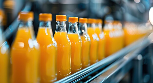 Une exposition animée de bouteilles de jus d'orange fraîchement remplies sur une ligne de production éclairée et prête à être servie