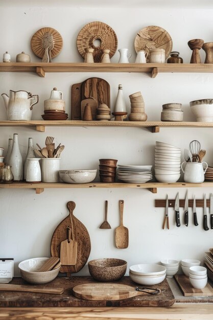 Exposition d'articles de cuisine de couleur neutre sur des étagères ouvertes