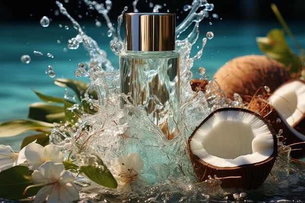 Exposition de beauté exotique produit cosmétique présenté avec des noix de coco mock-up d'éclaboussure d'eau tropicale