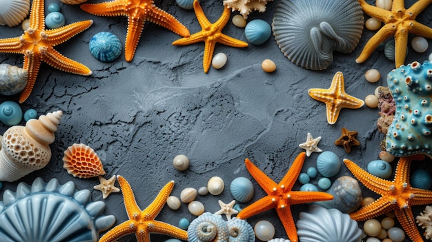 Une exposition colorée de la vie marine avec des étoiles de mer et des coquillages sur un fond sombre